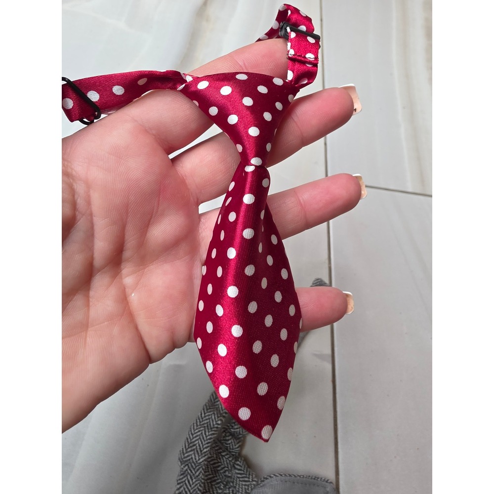 Lot of 2 Pet Neckties Red Polka Dot and Grey Herringbone for Small Dogs Cats A2 - Picture 9 of 16